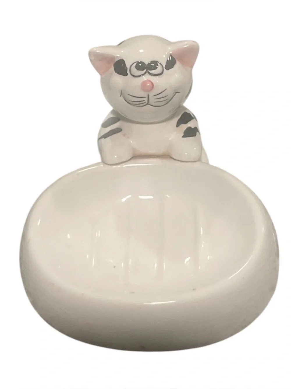 Vintage Ceramic Cat Soap Dish Trinket Tray Ring Holder White Gray Tabby Striped
